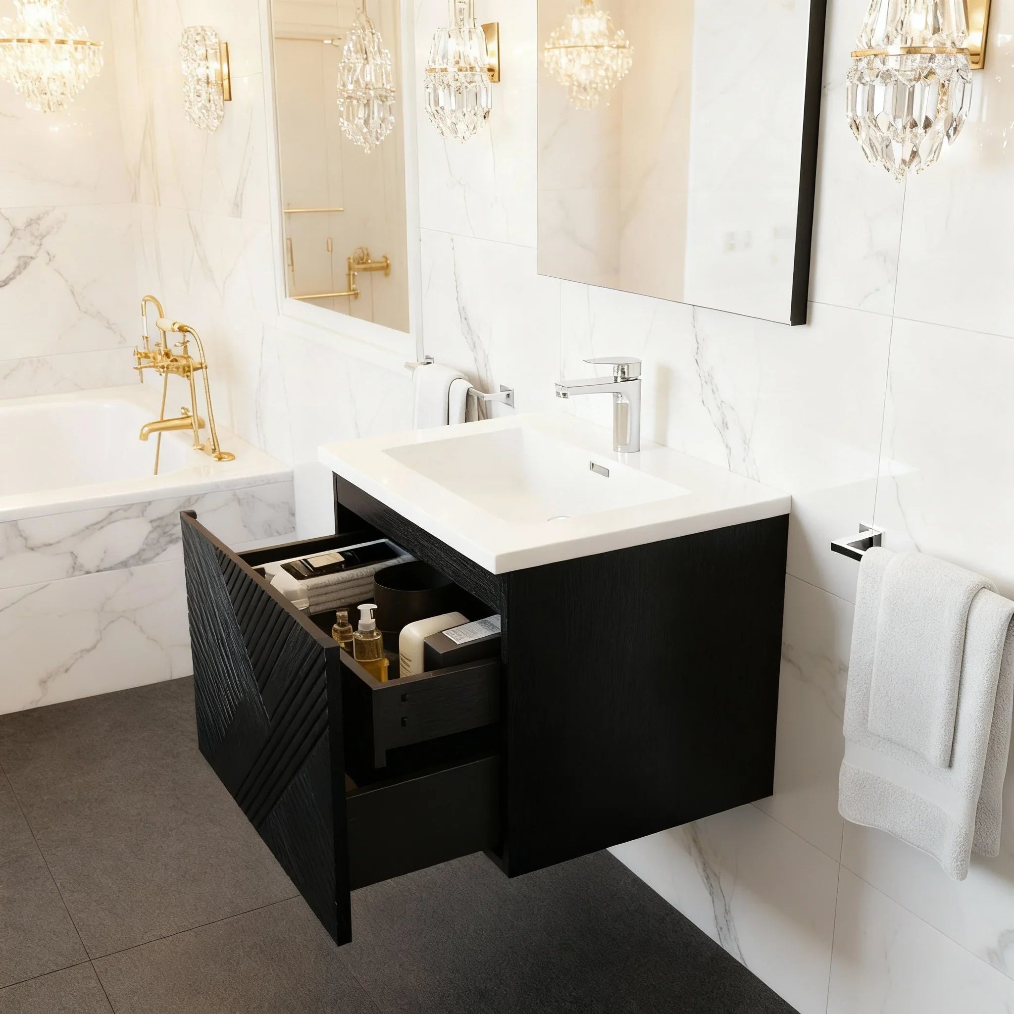 36" Black Wall Mount Bathroom Vanity with White Polymarble Countertop-Migration_Bathroom Vanities-DECOROLALA