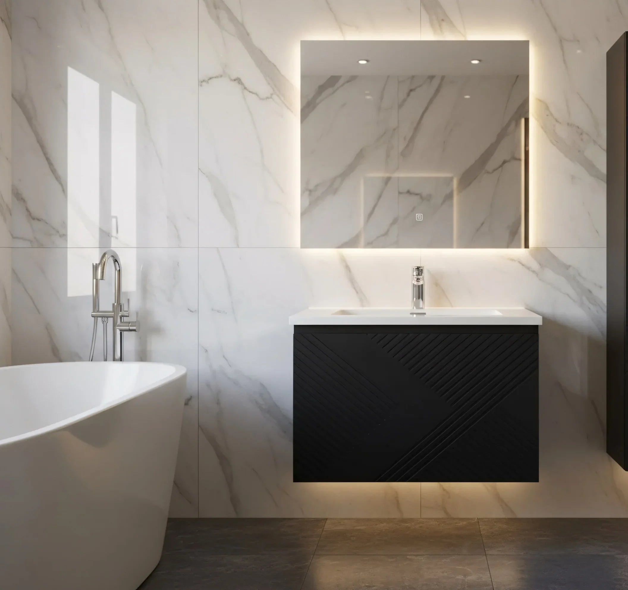 36" Black Wall Mount Bathroom Vanity with White Polymarble Countertop-Migration_Bathroom Vanities-DECOROLALA