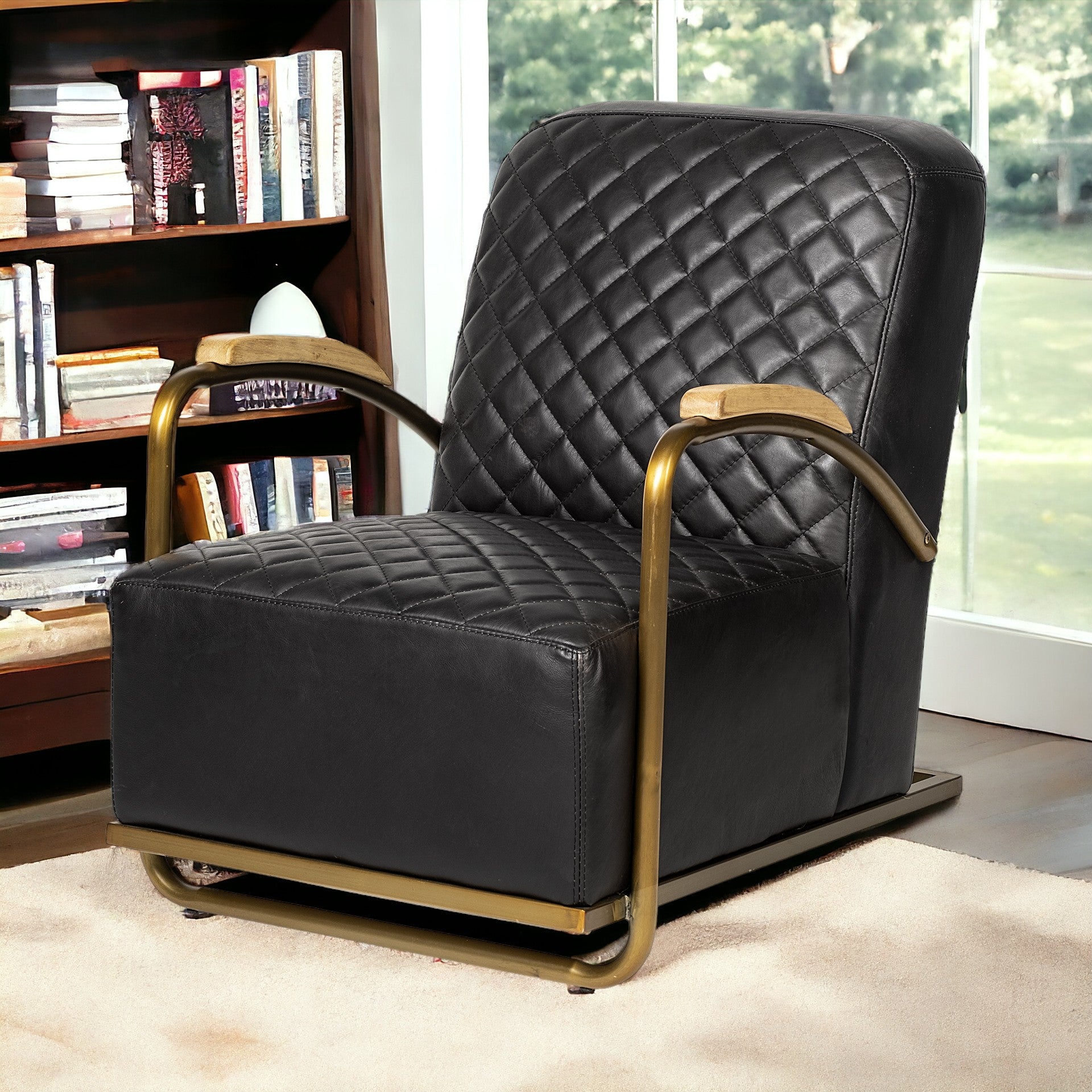 36" Black and Gold Leather Lounge Chair-Accent Chairs-DECOROLALA