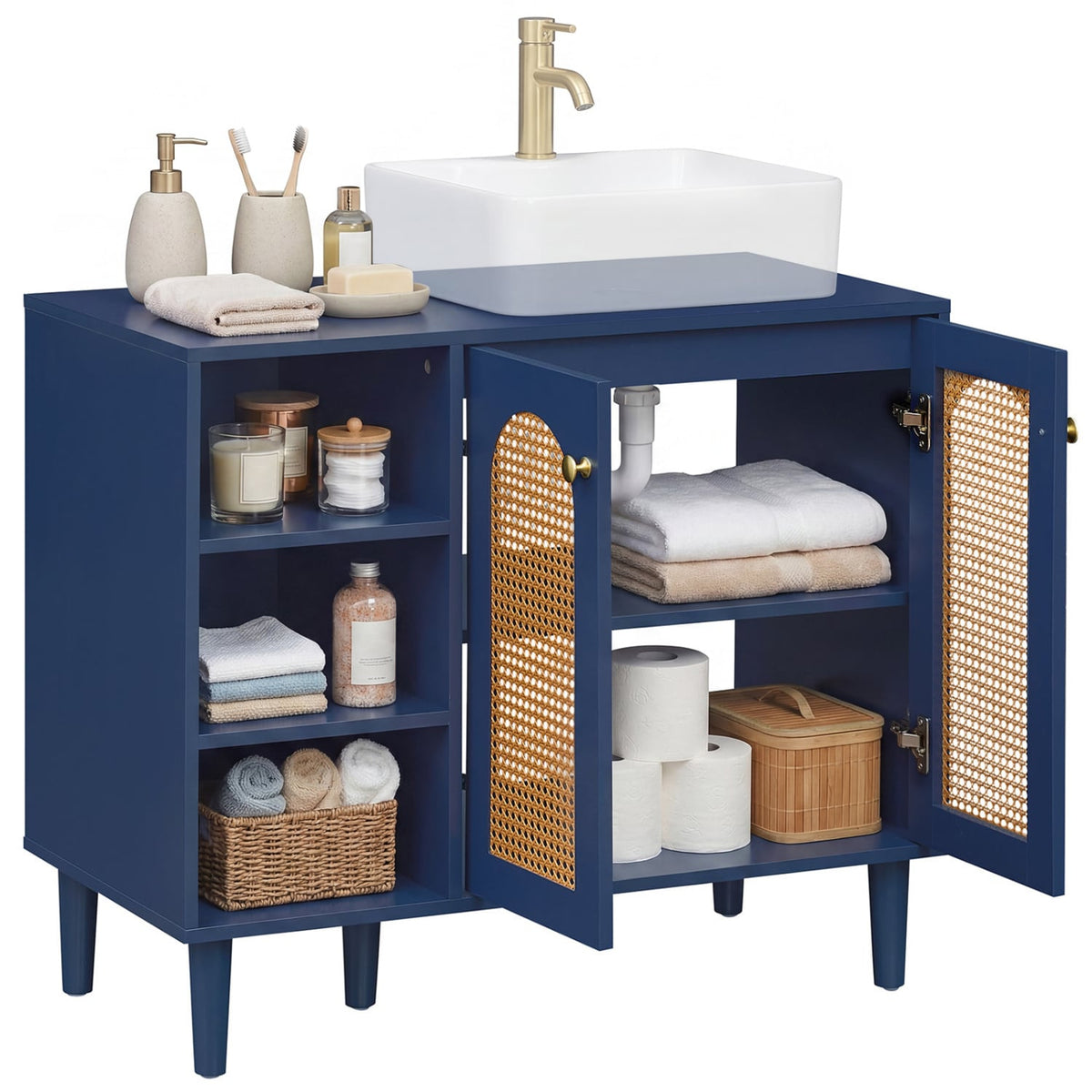 36" Boho Under Sink Cabinet - Navy Rattan Base for Vessel Sinks-Floor Cabinets-DECOROLALA