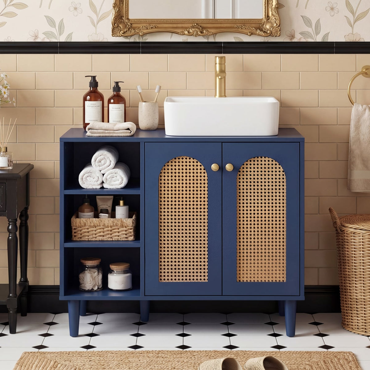 36" Boho Under Sink Cabinet - Navy Rattan Base for Vessel Sinks-Floor Cabinets-DECOROLALA