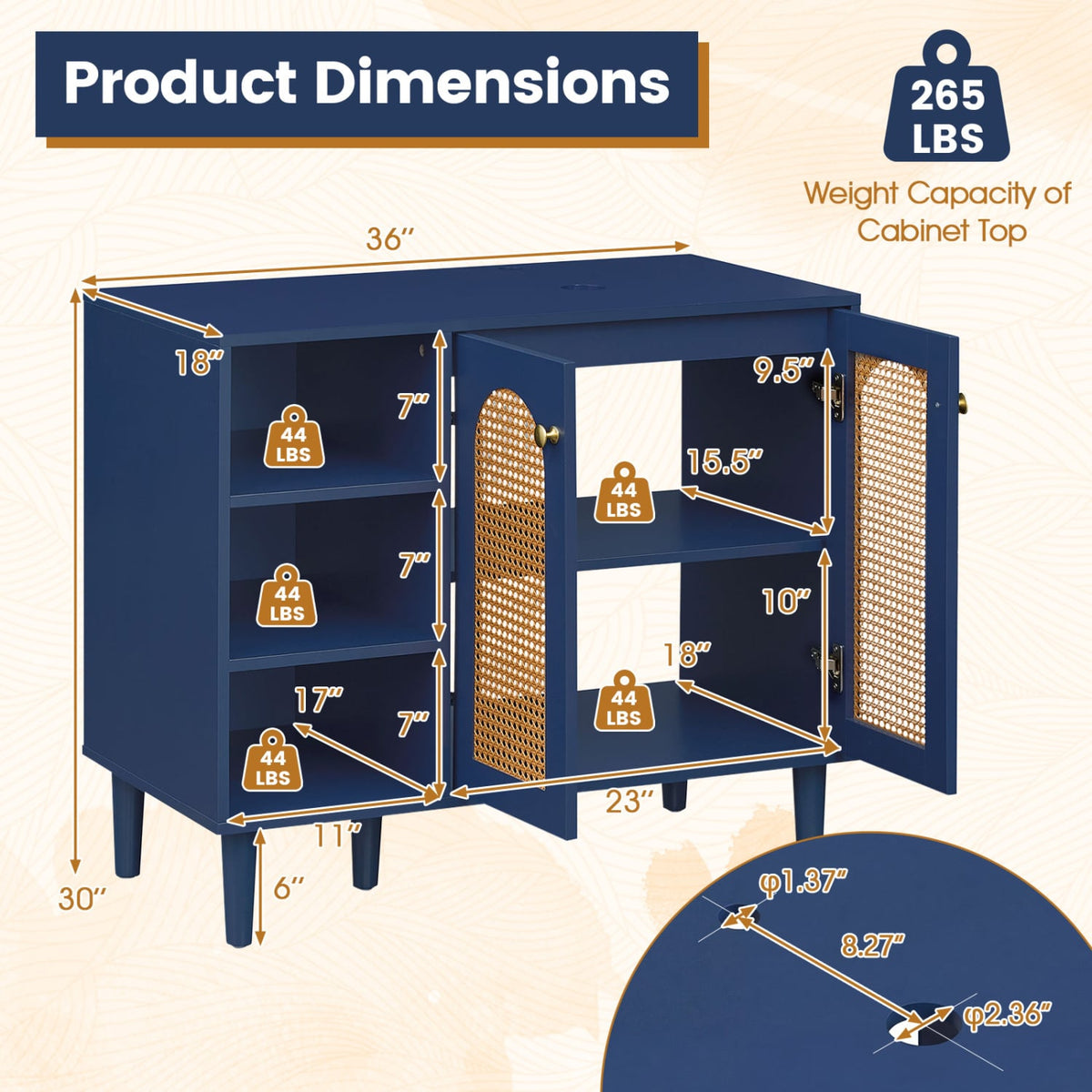36" Boho Under Sink Cabinet - Navy Rattan Base for Vessel Sinks-Floor Cabinets-DECOROLALA