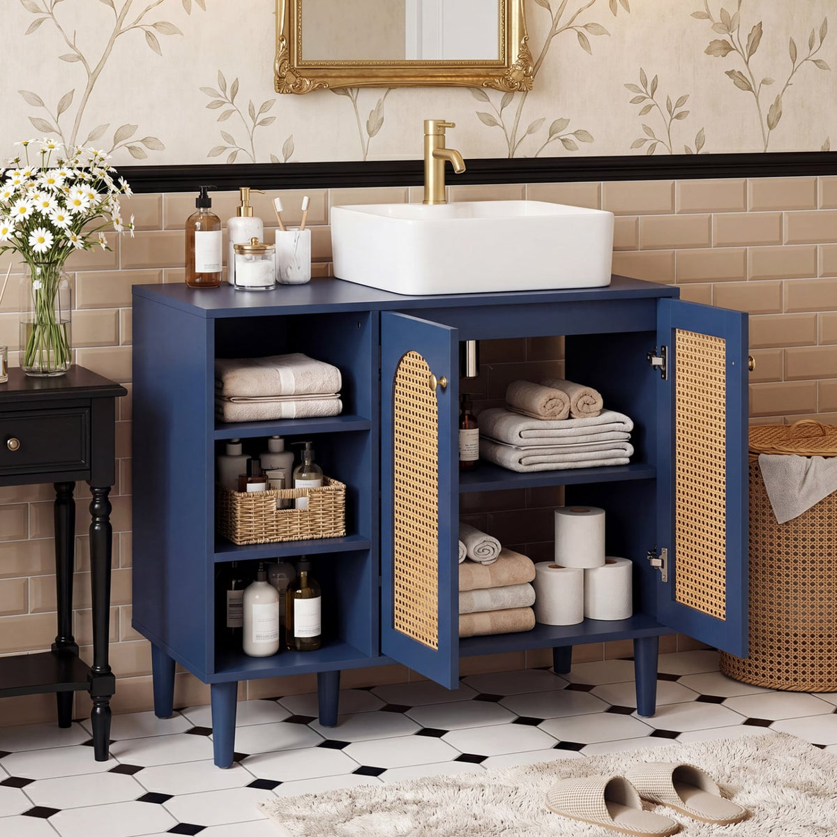 36" Boho Under Sink Cabinet - Navy Rattan Base for Vessel Sinks-Floor Cabinets-DECOROLALA