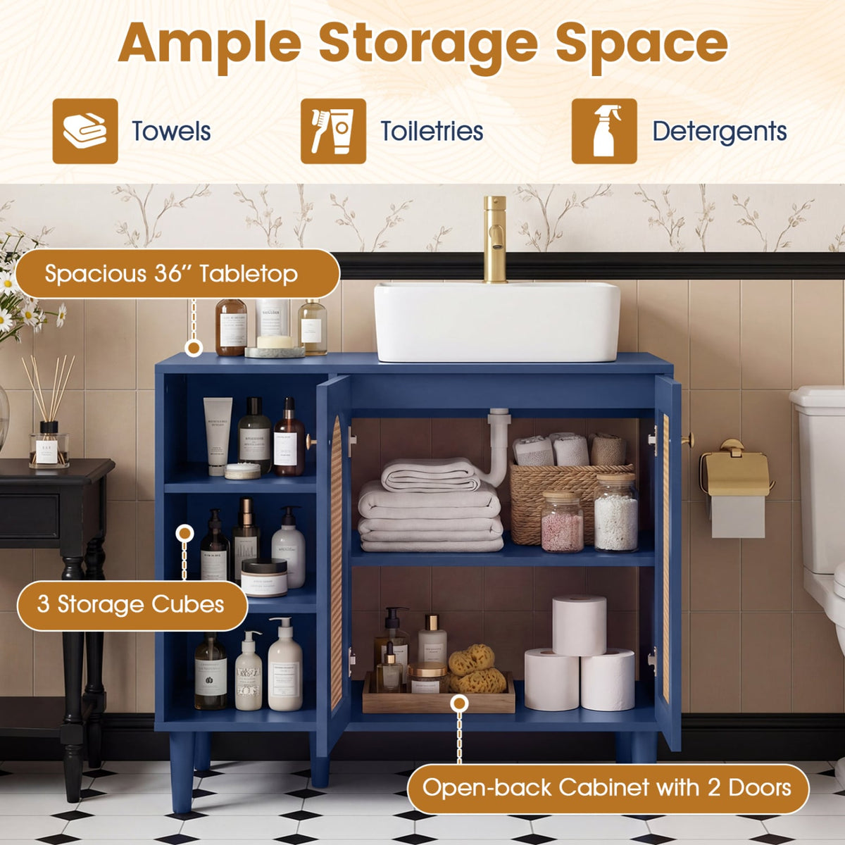 36" Boho Under Sink Cabinet - Navy Rattan Base for Vessel Sinks-Floor Cabinets-DECOROLALA