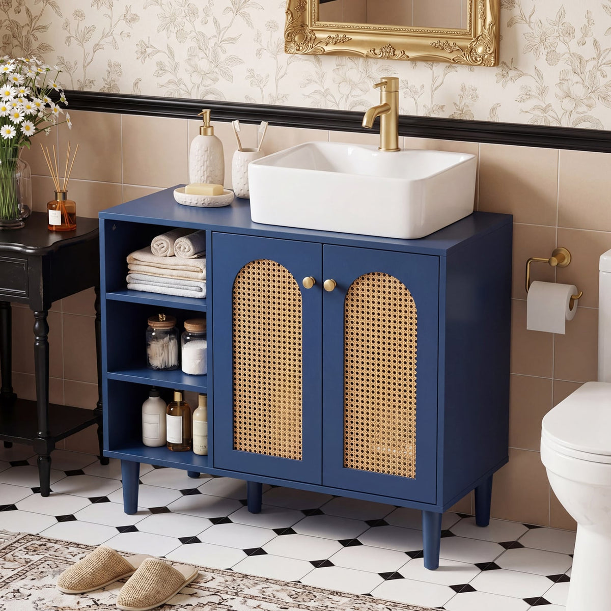 36" Boho Under Sink Cabinet - Navy Rattan Base for Vessel Sinks-Floor Cabinets-DECOROLALA