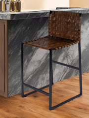36" Brown and Black Leather and Iron Bar Chair-Bar Chairs-DECOROLALA