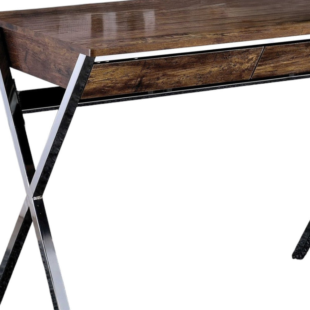 36" Brown and Silver Writing Desk With Two Drawers-Desks-DECOROLALA