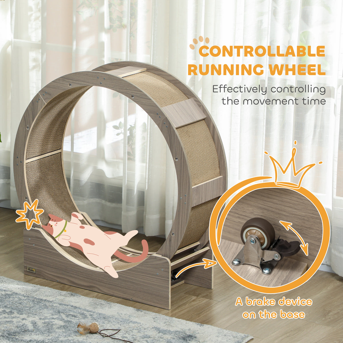 36" Cat Exercise Wheel with Brake and Scratching Pad - Walnut-Cats-DECOROLALA