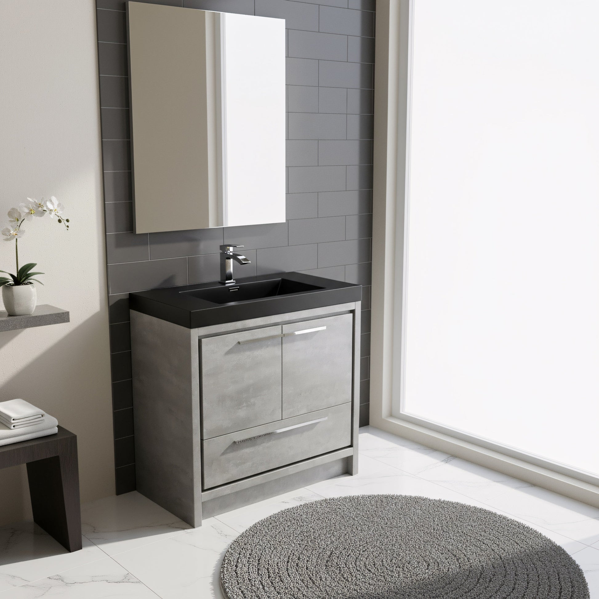 36" Cement Freestanding Bathroom Vanity with Black Quartz Engineered Countertop-Migration_Bathroom Vanities-DECOROLALA