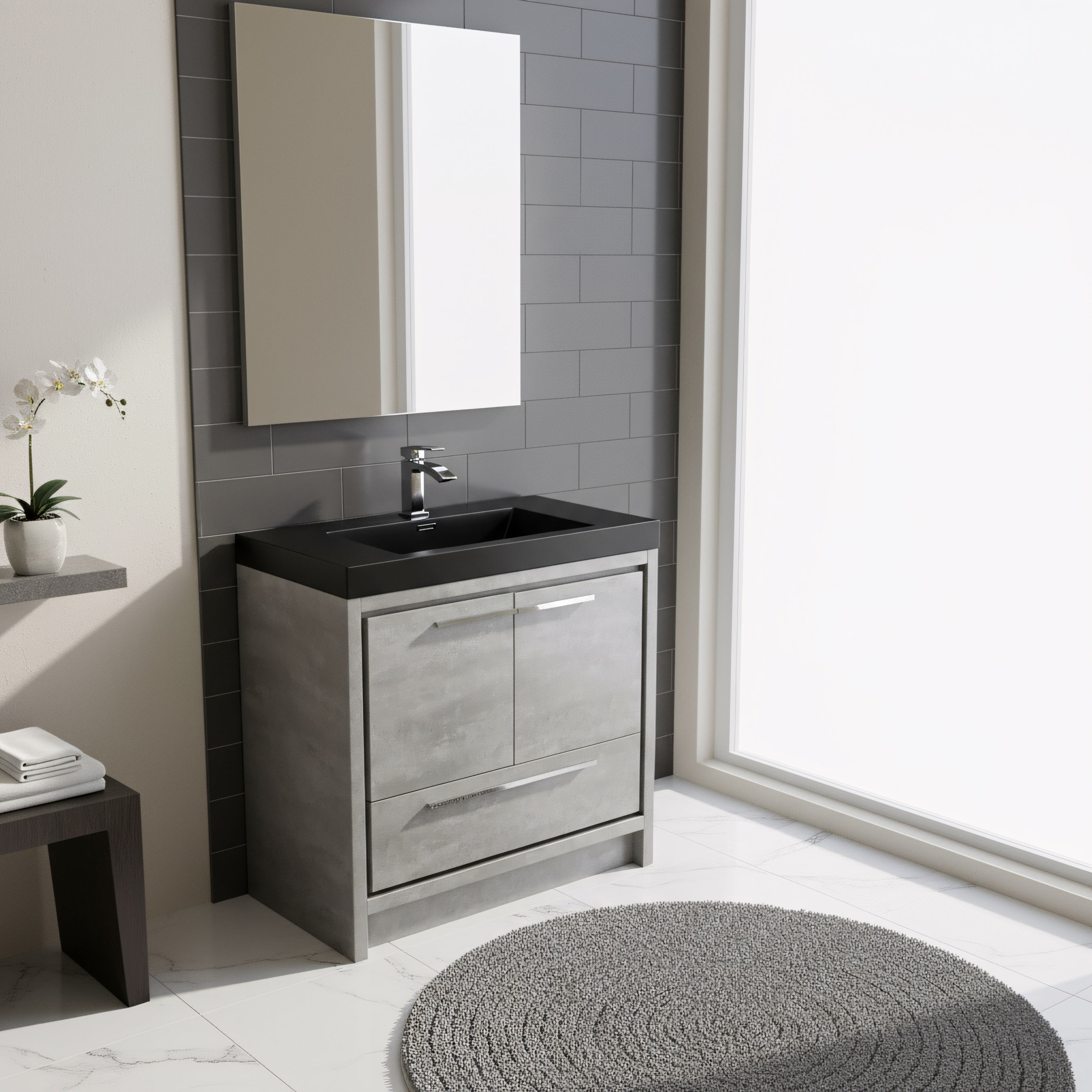 36" Cement Freestanding Bathroom Vanity with Black Quartz Engineered Countertop-Migration_Bathroom Vanities-DECOROLALA