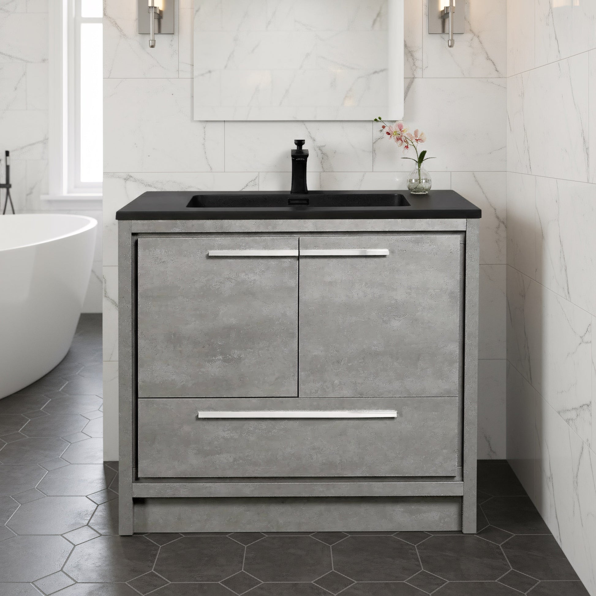 36" Cement Freestanding Bathroom Vanity with Black Quartz Engineered Countertop-Migration_Bathroom Vanities-DECOROLALA