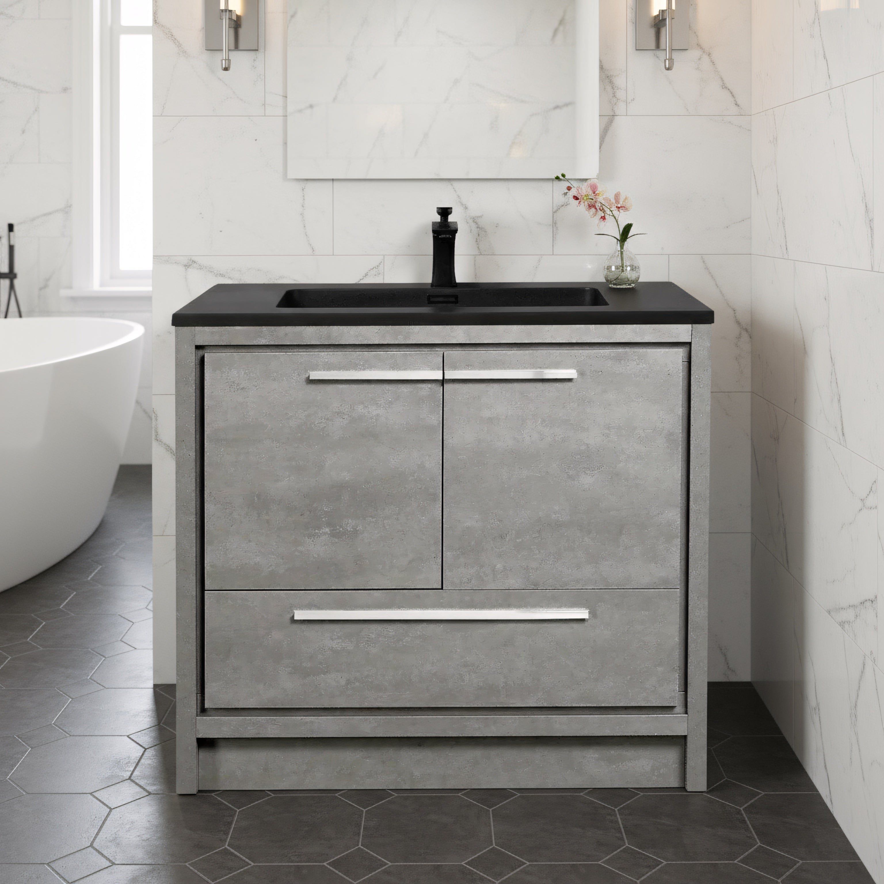 36" Cement Freestanding Bathroom Vanity with Black Quartz Engineered Countertop-Migration_Bathroom Vanities-DECOROLALA