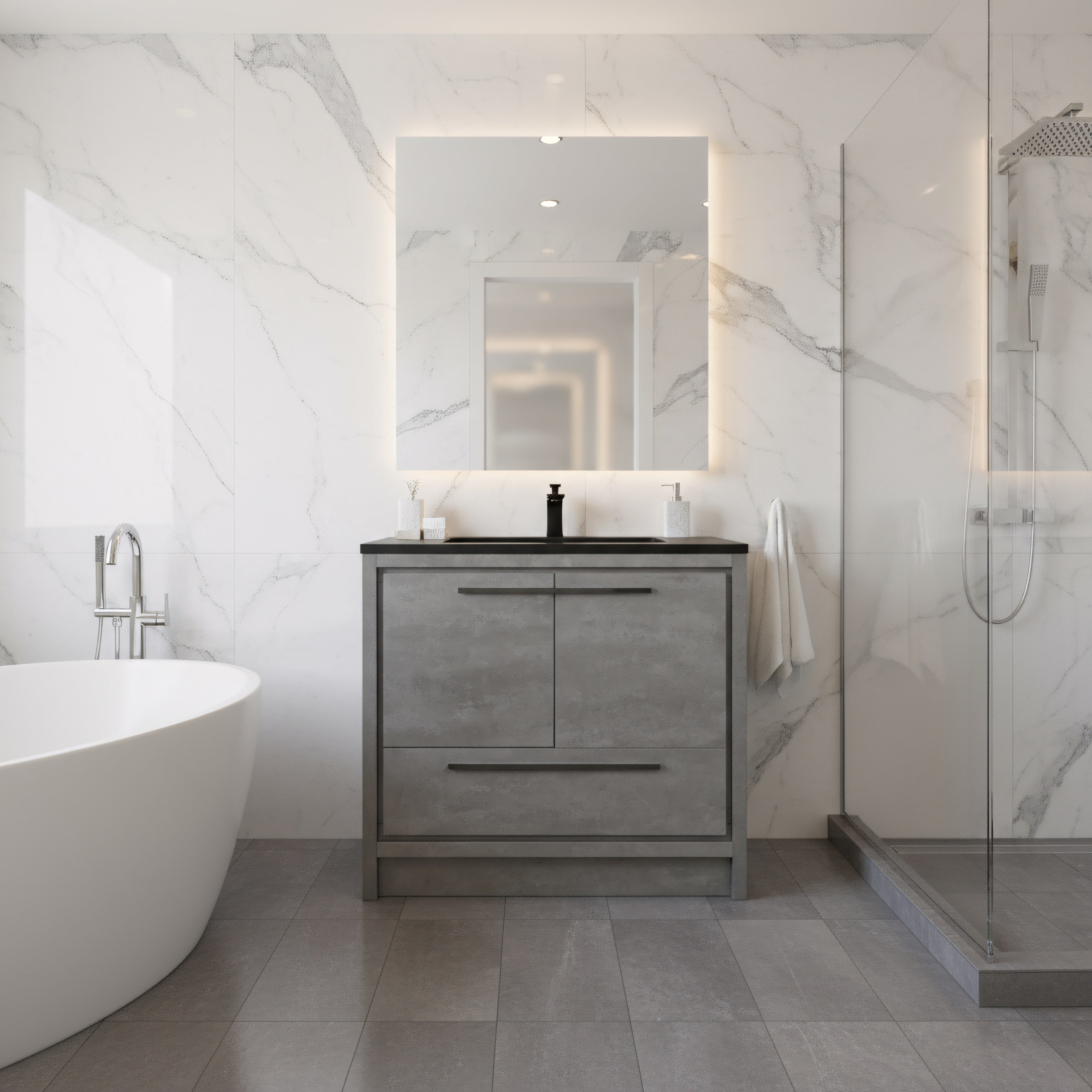 36" Cement Freestanding Bathroom Vanity with Black Quartz Engineered Countertop-Migration_Bathroom Vanities-DECOROLALA