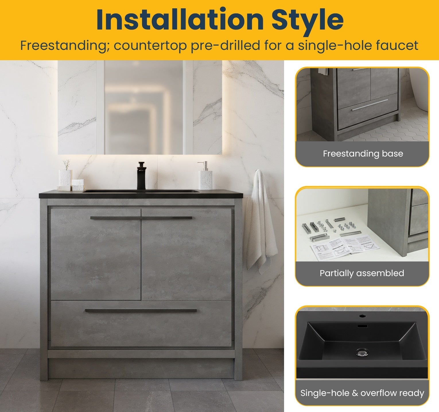 36" Cement Freestanding Bathroom Vanity with Black Quartz Engineered Countertop-Migration_Bathroom Vanities-DECOROLALA