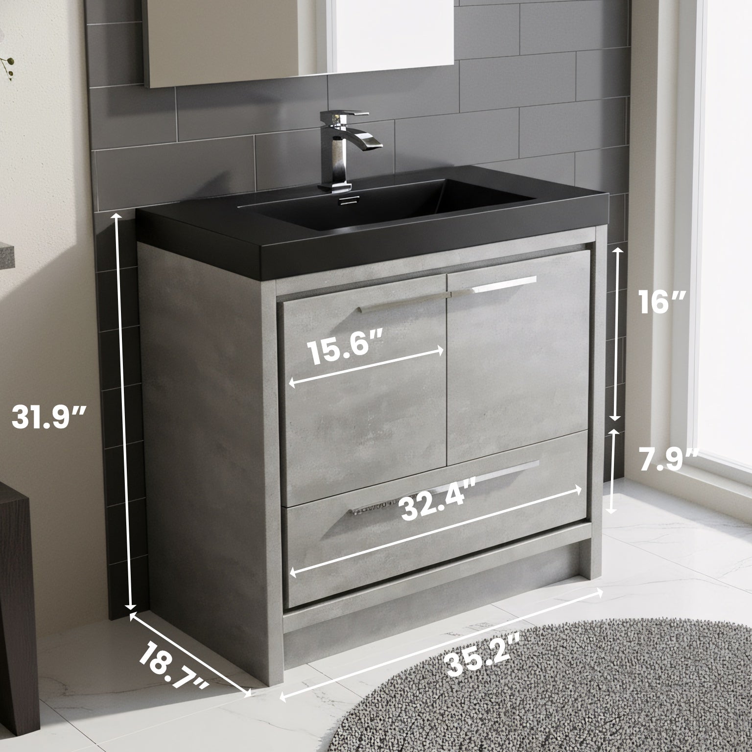 36" Cement Freestanding Bathroom Vanity with Black Quartz Engineered Countertop-Migration_Bathroom Vanities-DECOROLALA