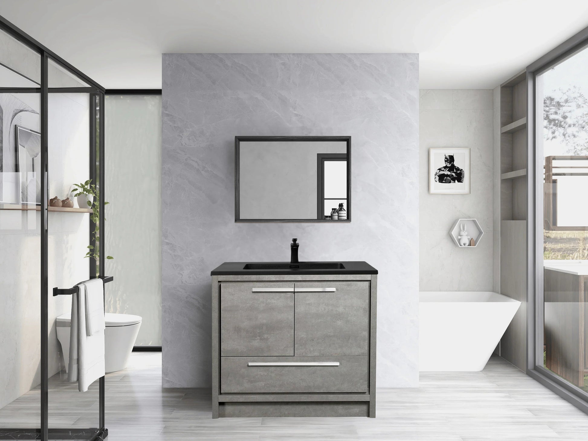 36" Cement Freestanding Bathroom Vanity with Black Quartz Engineered Countertop-Migration_Bathroom Vanities-DECOROLALA