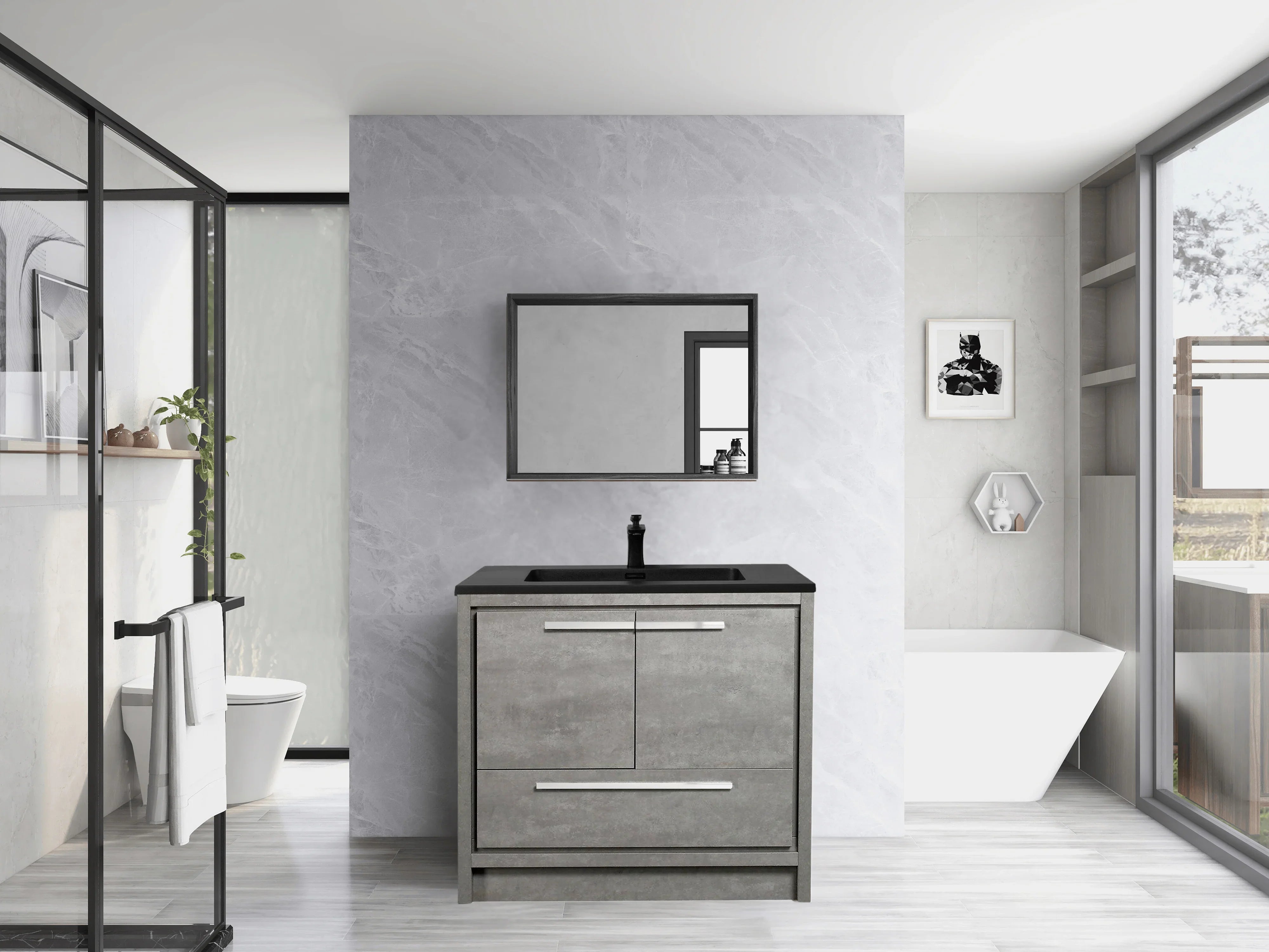 36" Cement Freestanding Bathroom Vanity with Black Quartz Engineered Countertop-Migration_Bathroom Vanities-DECOROLALA