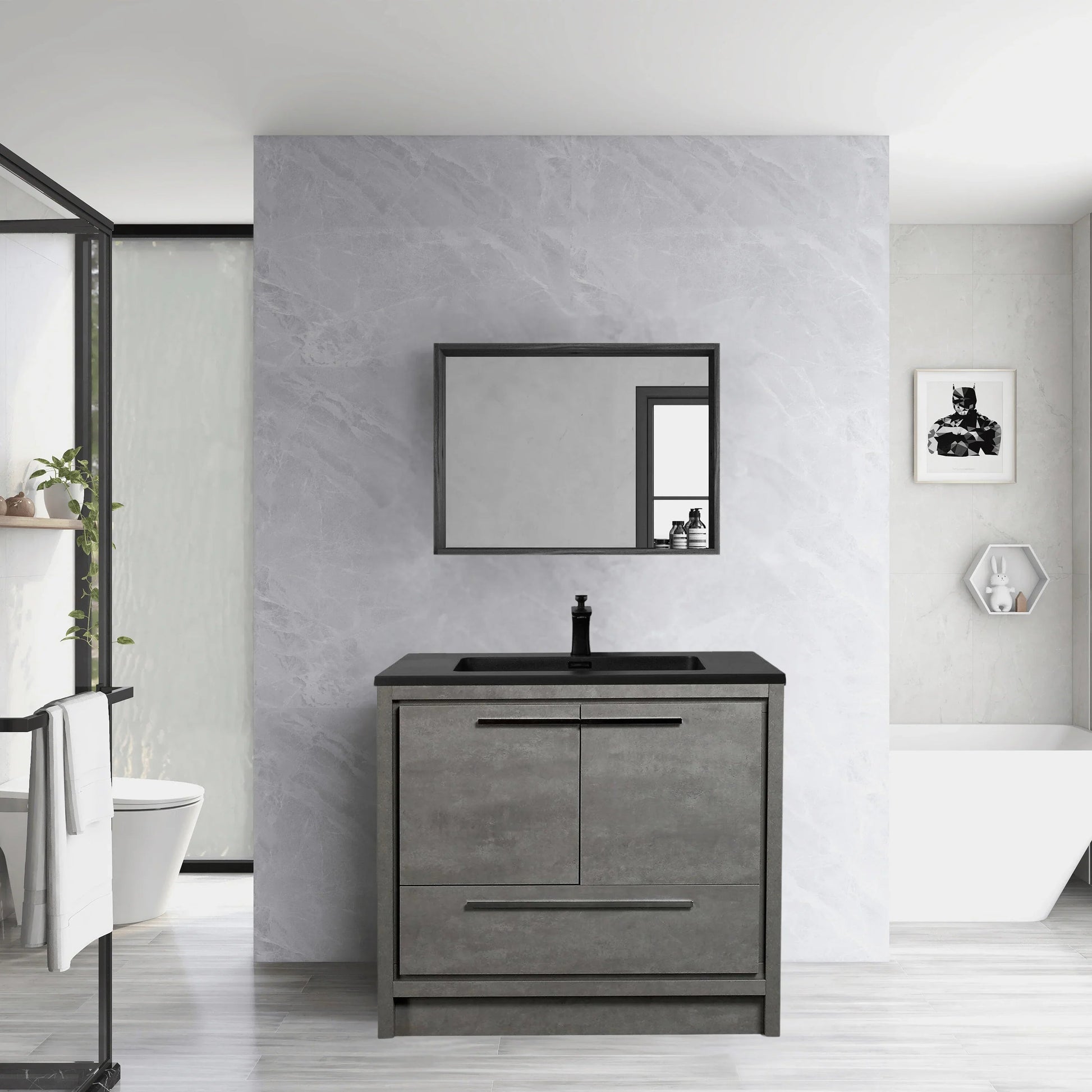 36" Cement Freestanding Bathroom Vanity with Black Quartz Engineered Countertop-Migration_Bathroom Vanities-DECOROLALA