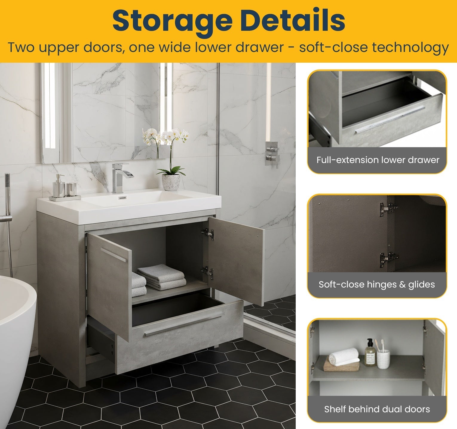 36" Cement Freestanding Bathroom Vanity with White Polymarble Countertop-Migration_Bathroom Vanities-DECOROLALA