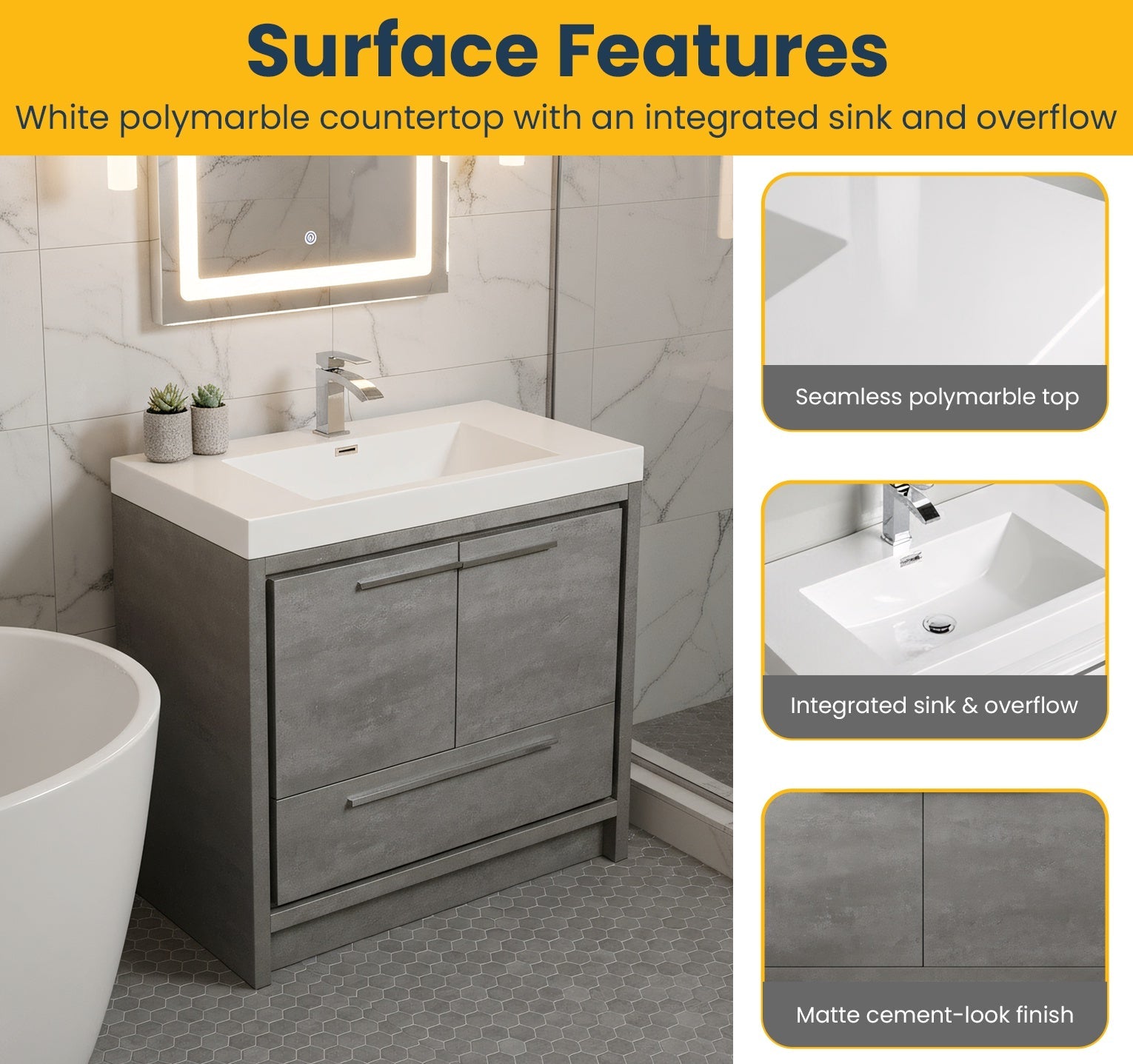 36" Cement Freestanding Bathroom Vanity with White Polymarble Countertop-Migration_Bathroom Vanities-DECOROLALA