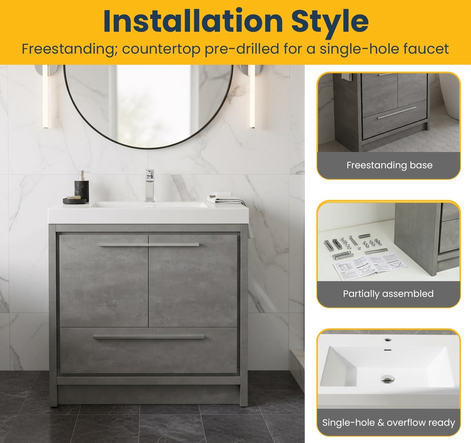 36" Cement Freestanding Bathroom Vanity with White Polymarble Countertop-Migration_Bathroom Vanities-DECOROLALA