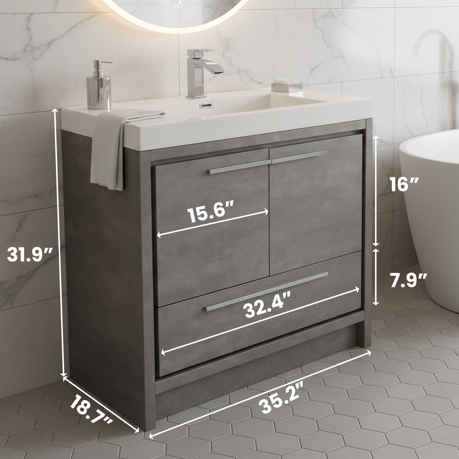 36" Cement Freestanding Bathroom Vanity with White Polymarble Countertop-Migration_Bathroom Vanities-DECOROLALA