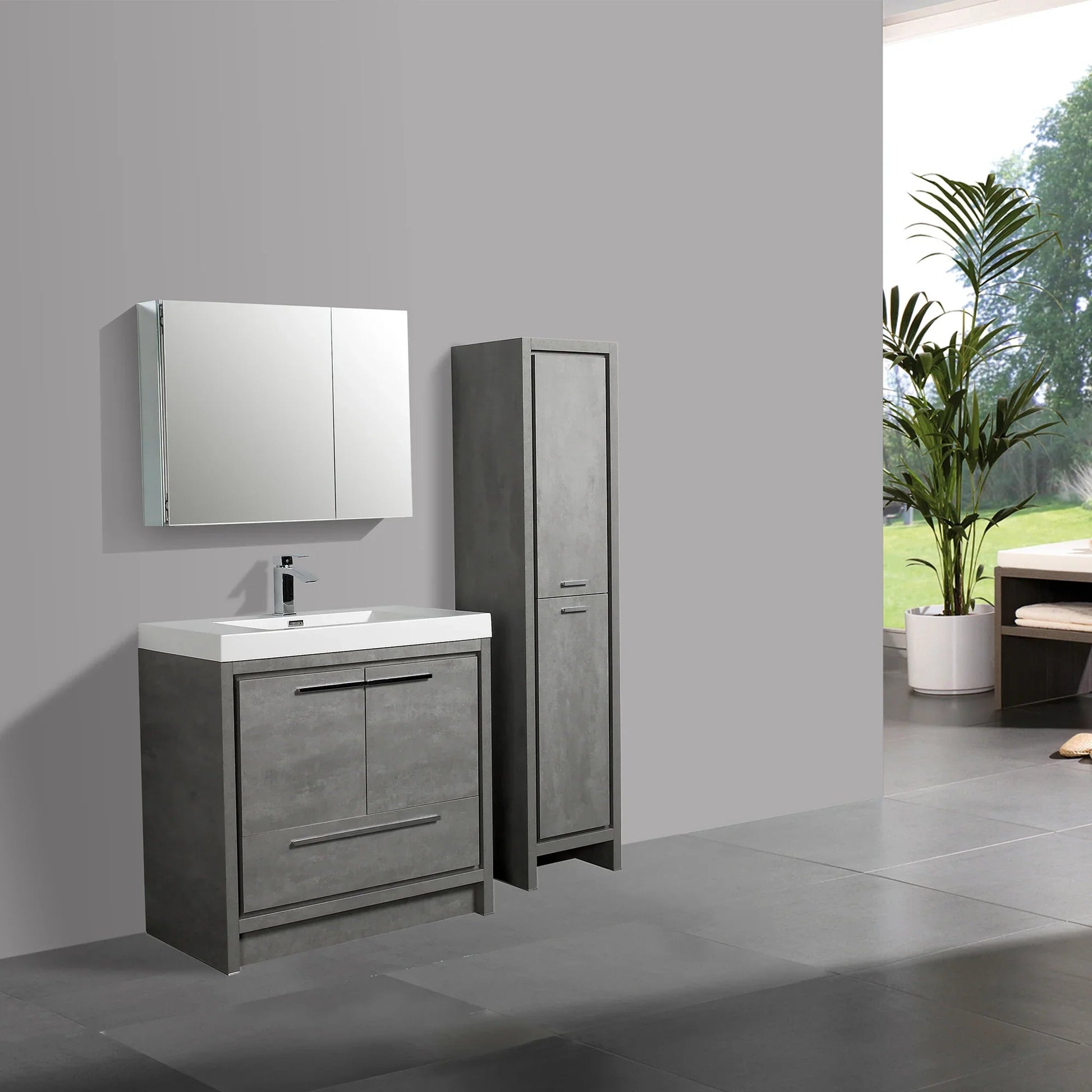36" Cement Freestanding Bathroom Vanity with White Polymarble Countertop-Migration_Bathroom Vanities-DECOROLALA