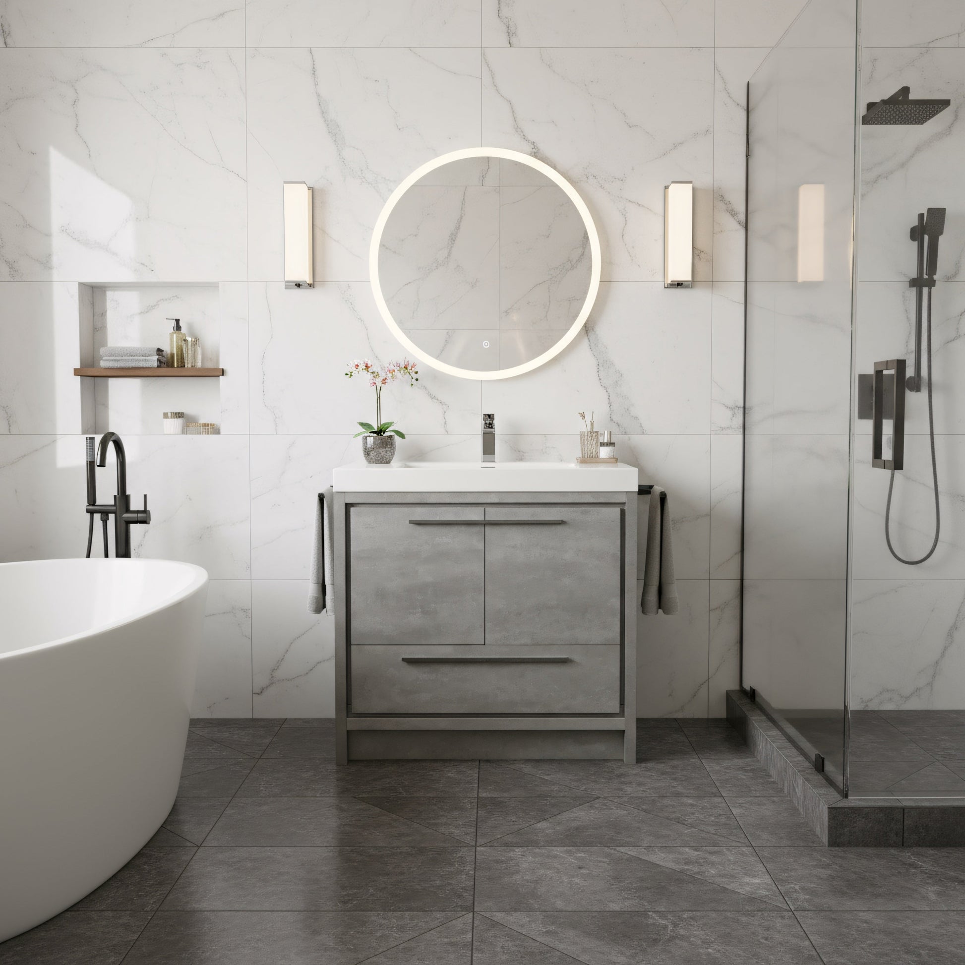 36" Cement Freestanding Bathroom Vanity with White Polymarble Countertop-Migration_Bathroom Vanities-DECOROLALA