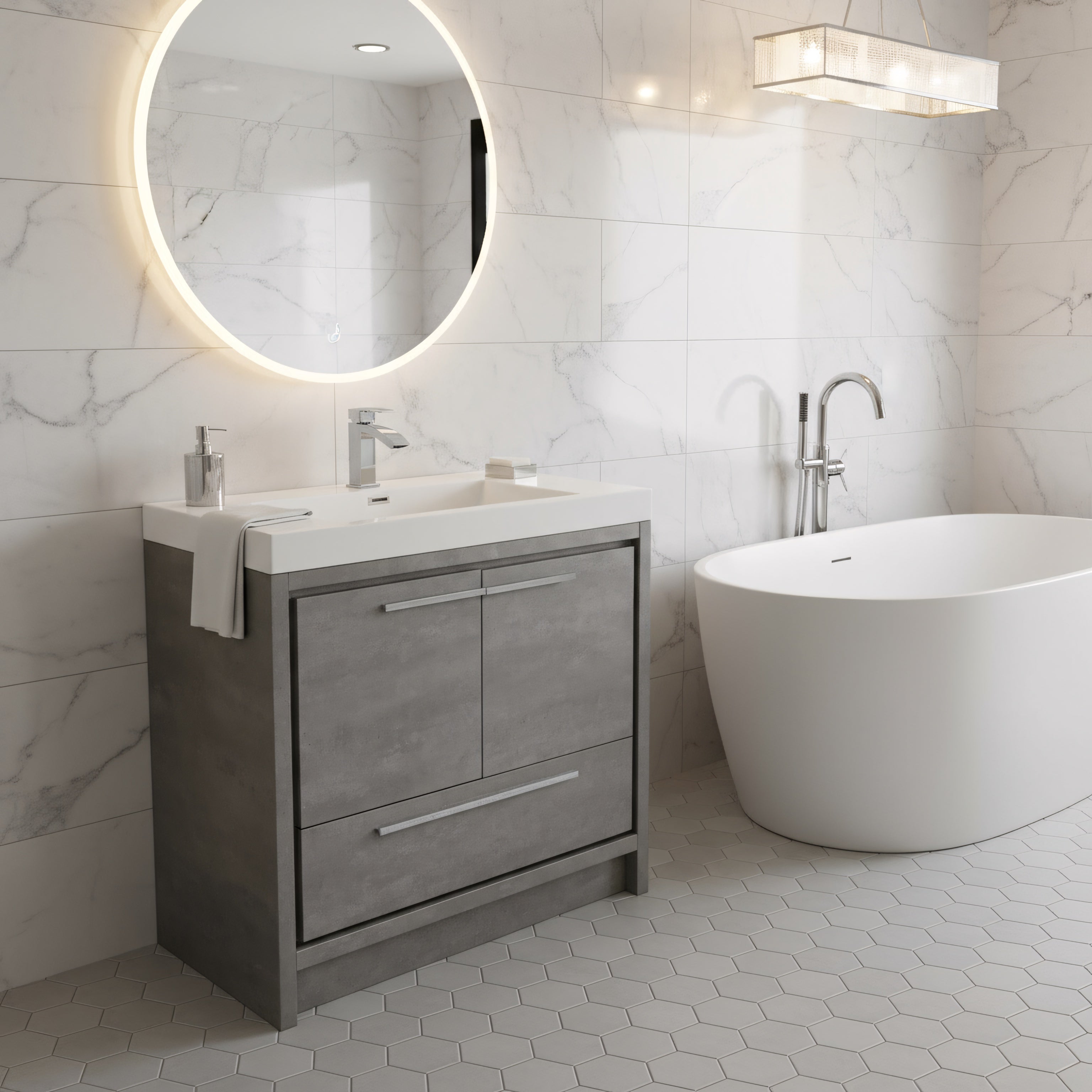 36" Cement Freestanding Bathroom Vanity with White Polymarble Countertop-Migration_Bathroom Vanities-DECOROLALA