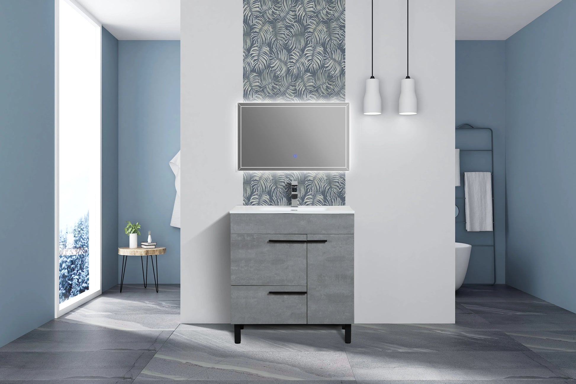 36" Cement Freestanding Single Sink Bathroom Vanity with White Ceramic Countertop-Migration_Bathroom Vanities-DECOROLALA