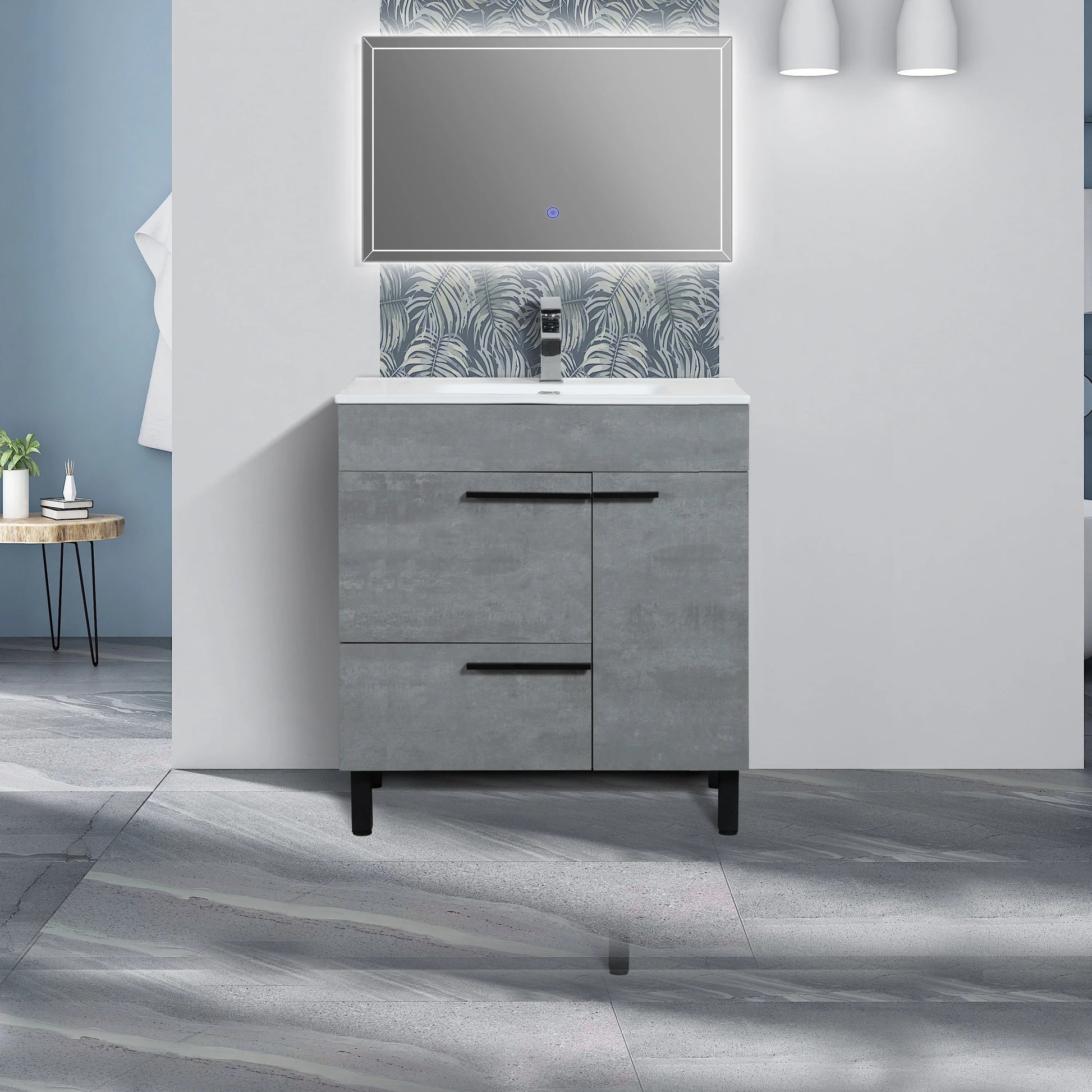 36" Cement Freestanding Single Sink Bathroom Vanity with White Ceramic Countertop-Migration_Bathroom Vanities-DECOROLALA