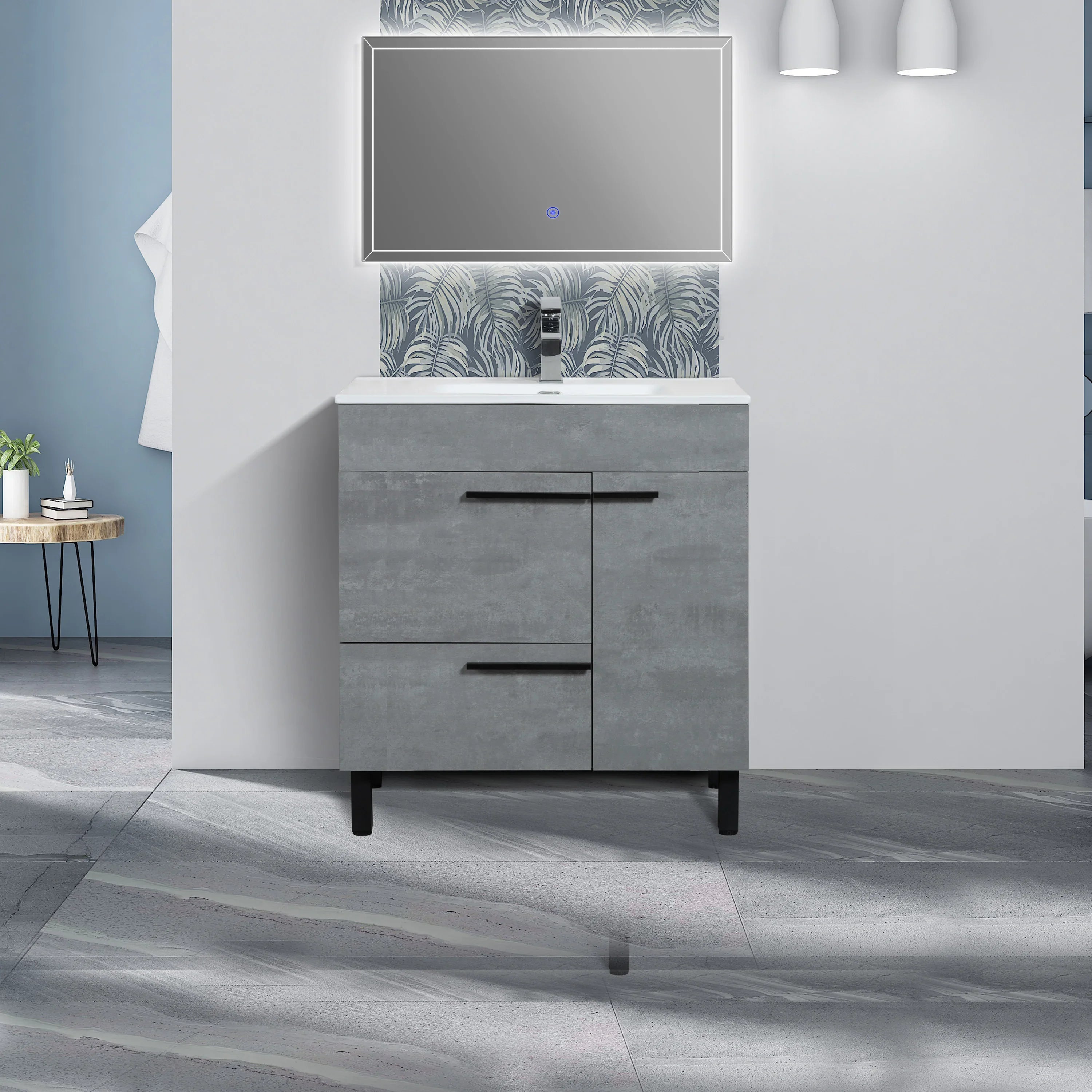 36" Cement Freestanding Single Sink Bathroom Vanity with White Ceramic Countertop-Migration_Bathroom Vanities-DECOROLALA