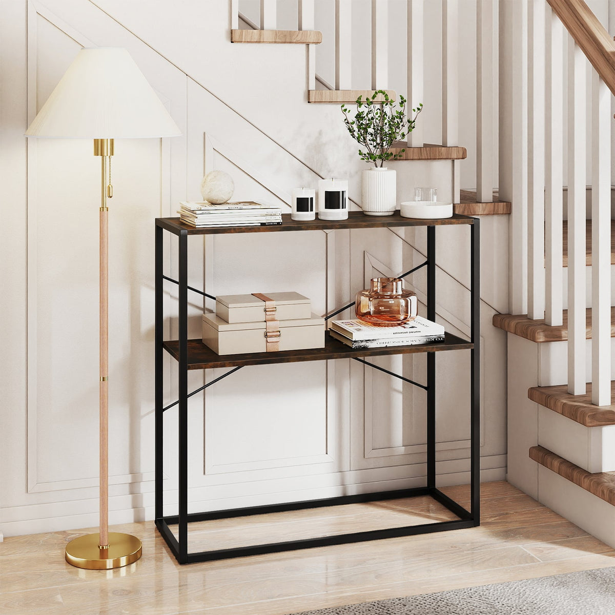 36" Console Table 2-Tier Entryway Table with Wooden Open Shelves and Metal Frame-Rustic Brown-Console Tables-DECOROLALA