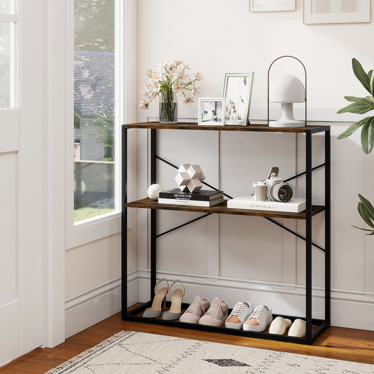 36" Console Table 2-Tier Entryway Table with Wooden Open Shelves and Metal Frame-Rustic Brown-Console Tables-DECOROLALA