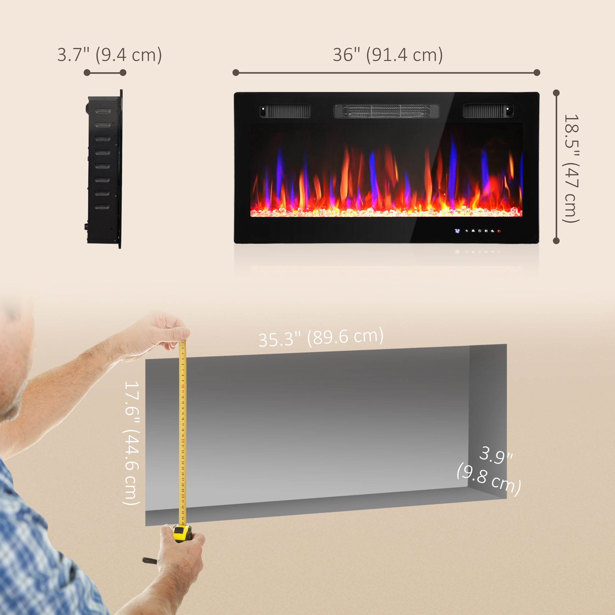 36" Electric Fireplace Heater - 1500W Black Slim Design-Home Furnishings > Home Décor > Fireplaces & Accessories > Electric Fireplaces-DECOROLALA