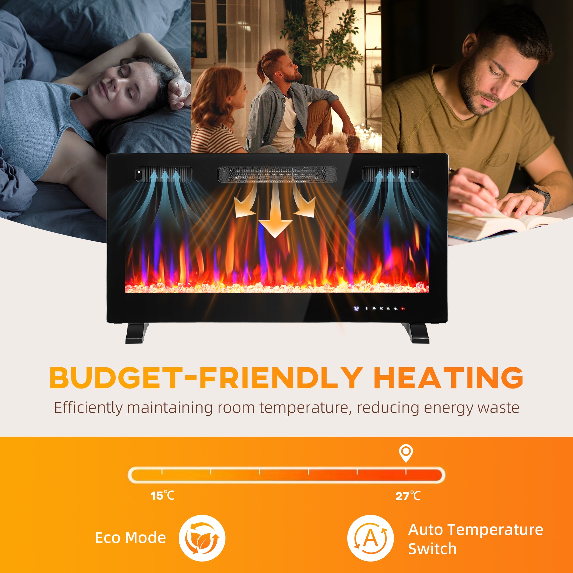 36" Electric Fireplace Heater - 1500W Black Slim Design-Home Furnishings > Home Décor > Fireplaces & Accessories > Electric Fireplaces-DECOROLALA