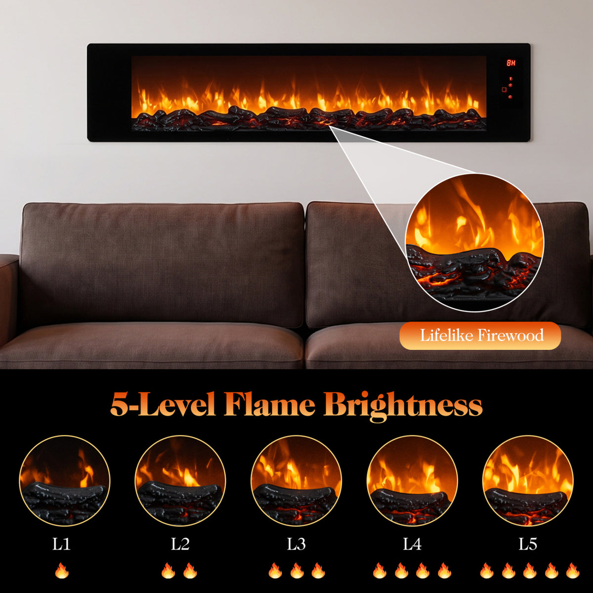 36" Electric Fireplace with 5-Level Adjustable Brightness and Speed-Fireplaces-DECOROLALA