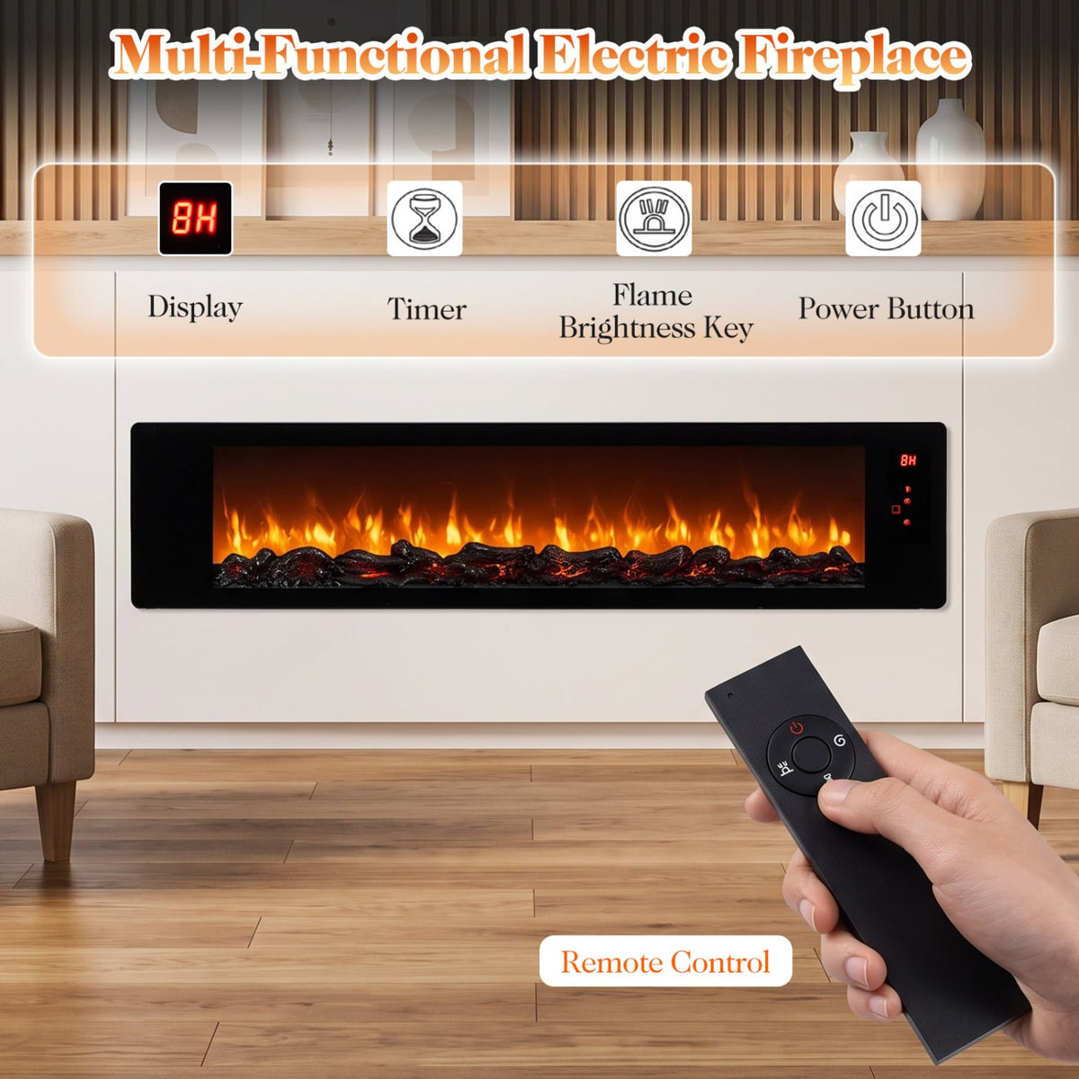 36" Electric Fireplace with 5-Level Adjustable Brightness and Speed-Fireplaces-DECOROLALA
