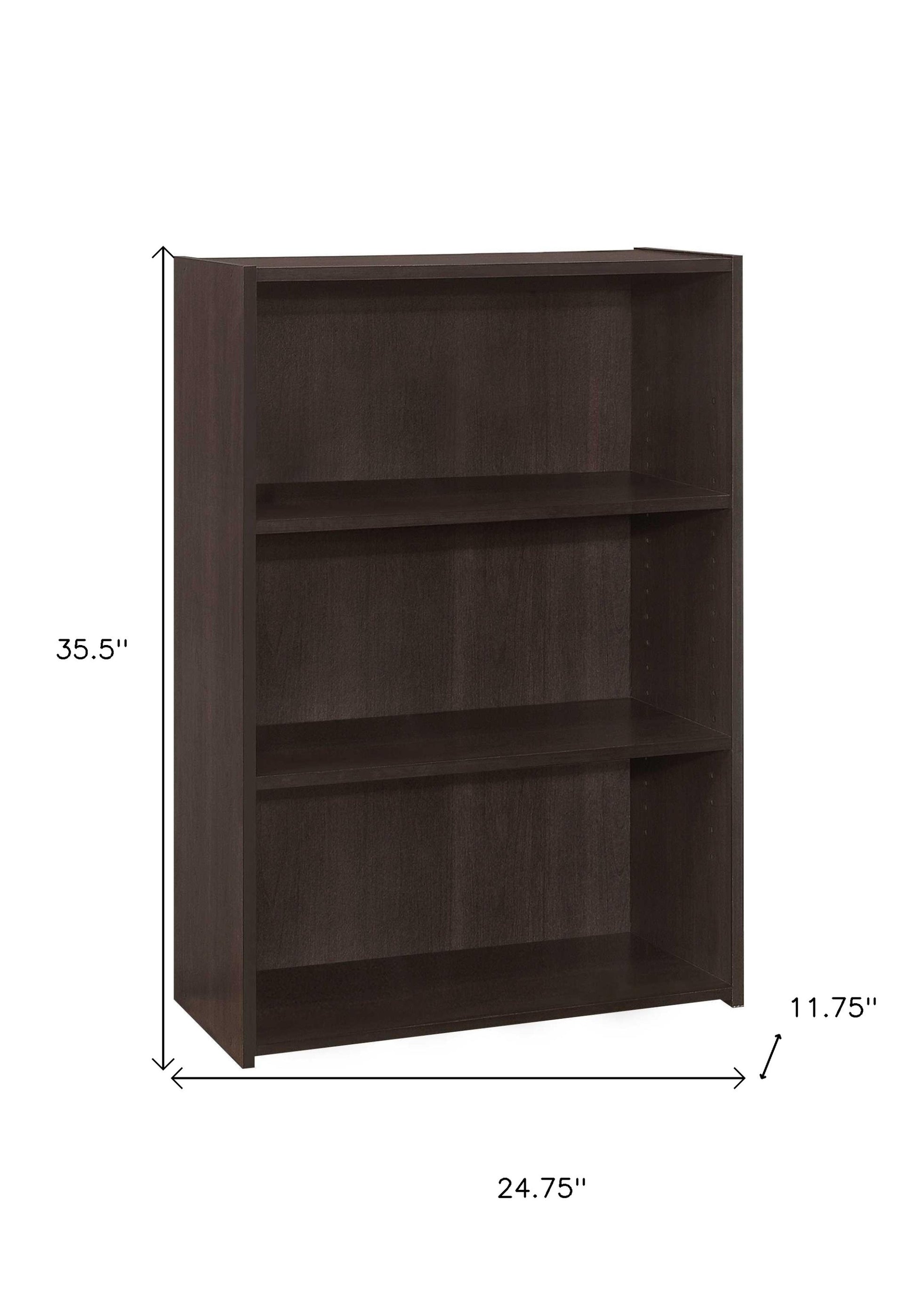 36" Espresso Wood Adjustable Three Tier Bookcase-Bookcases-DECOROLALA