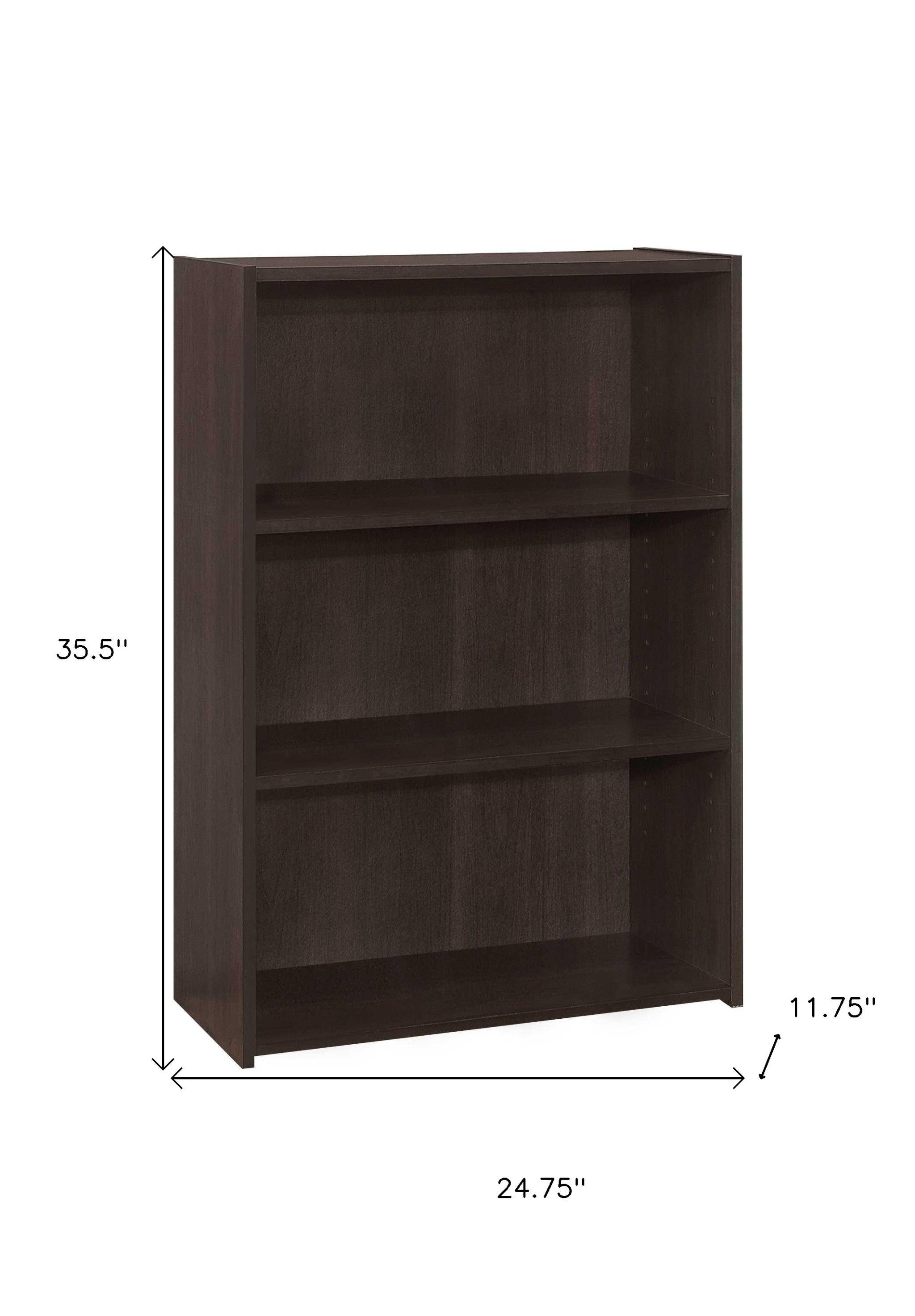 36" Espresso Wood Adjustable Three Tier Bookcase-Bookcases-DECOROLALA