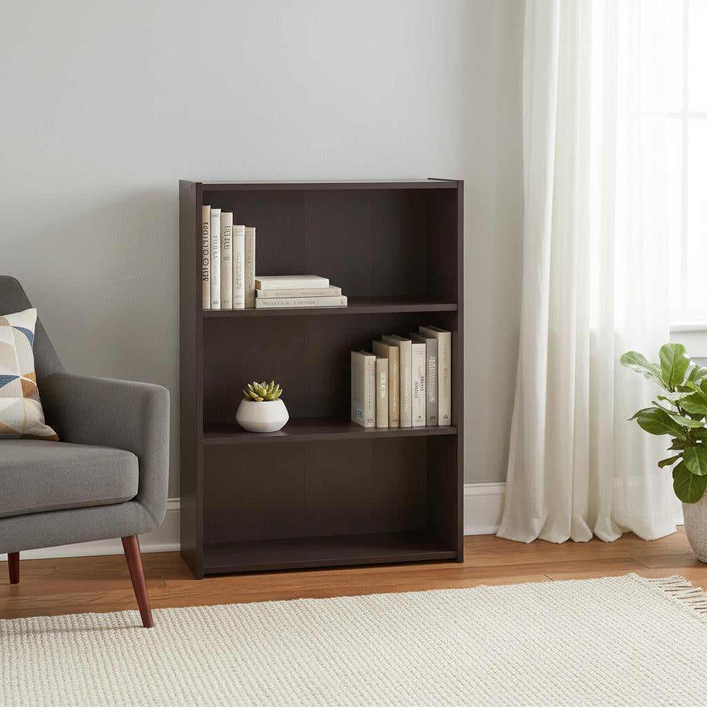 36" Espresso Wood Adjustable Three Tier Bookcase-Bookcases-DECOROLALA