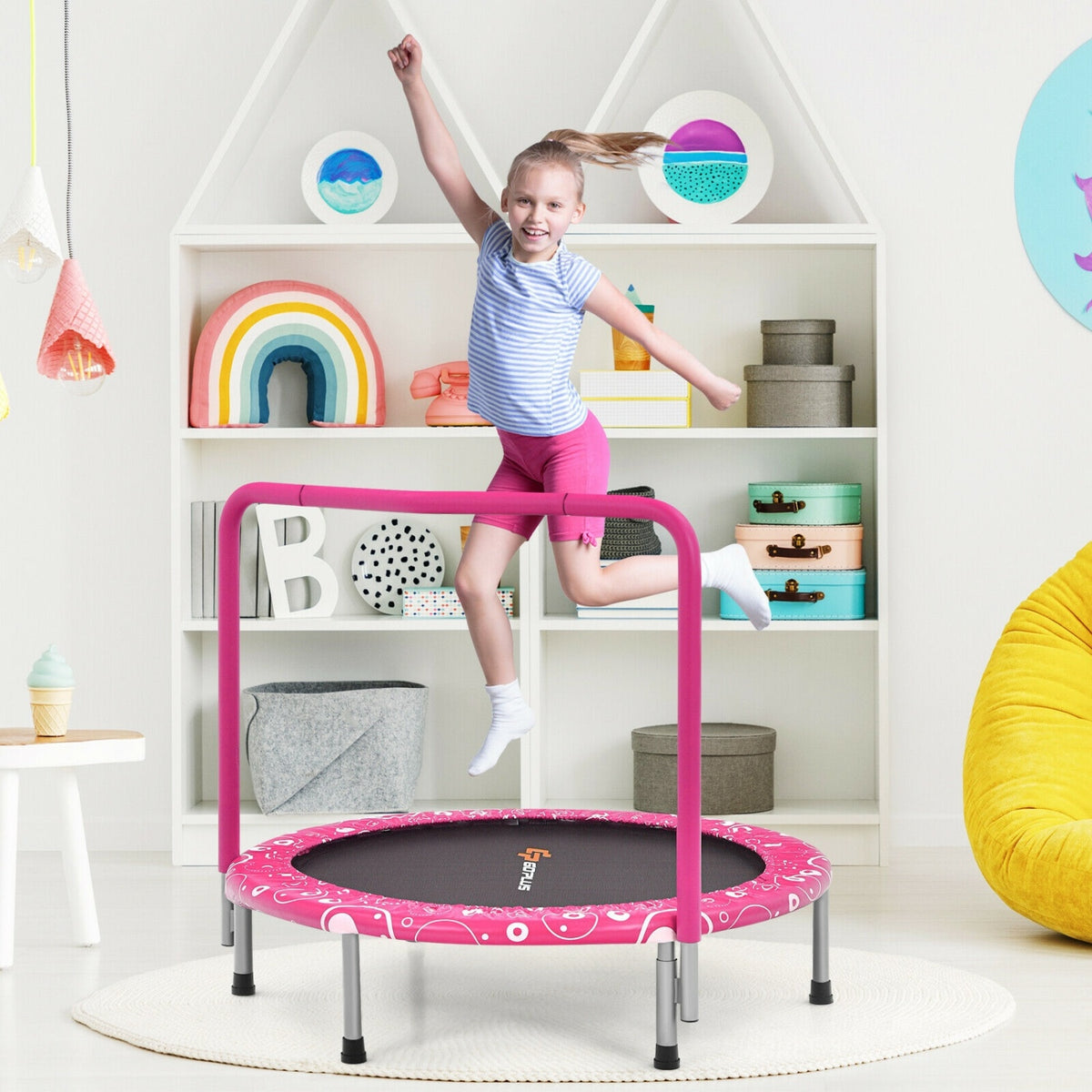 36" Foldable Kids Trampoline with Handrail and Bungee Cords-Trampolines-DECOROLALA