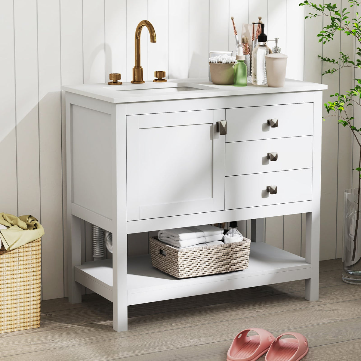 36" Freestanding Bathroom Vanity Unit with Granite Top - White-Floor Cabinets-DECOROLALA