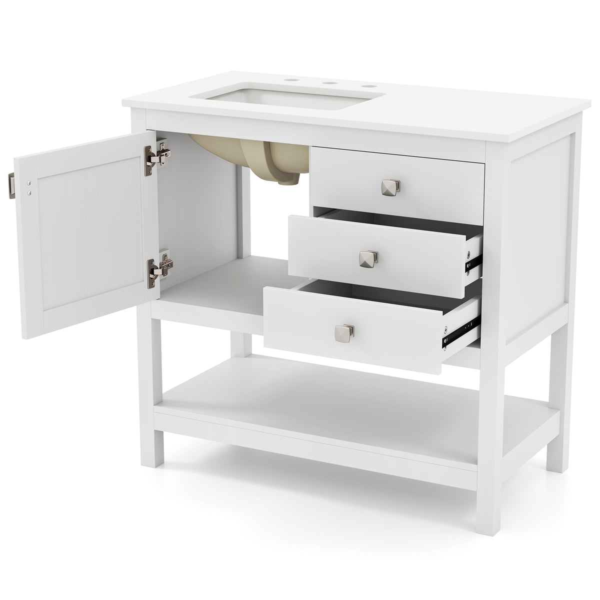36" Freestanding Bathroom Vanity Unit with Granite Top - White-Floor Cabinets-DECOROLALA