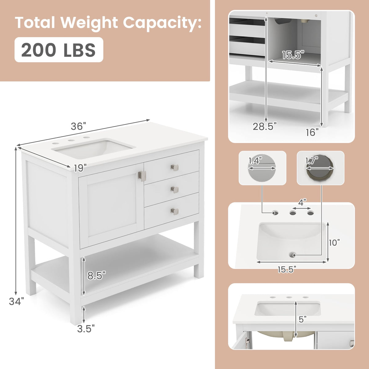 36" Freestanding Bathroom Vanity Unit with Granite Top - White-Floor Cabinets-DECOROLALA