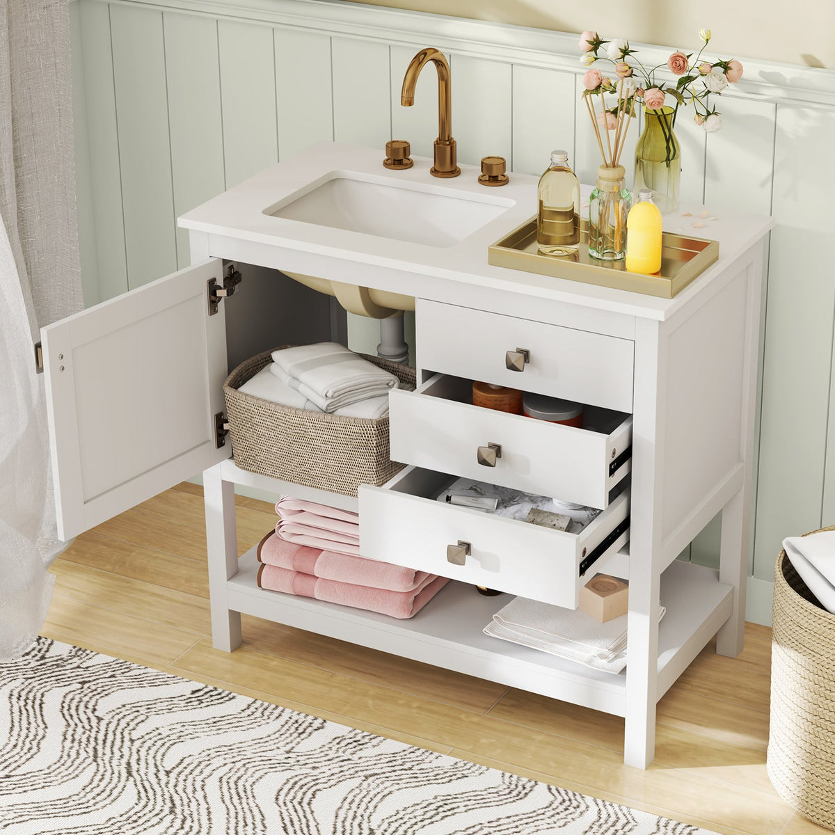 36" Freestanding Bathroom Vanity Unit with Granite Top - White-Floor Cabinets-DECOROLALA