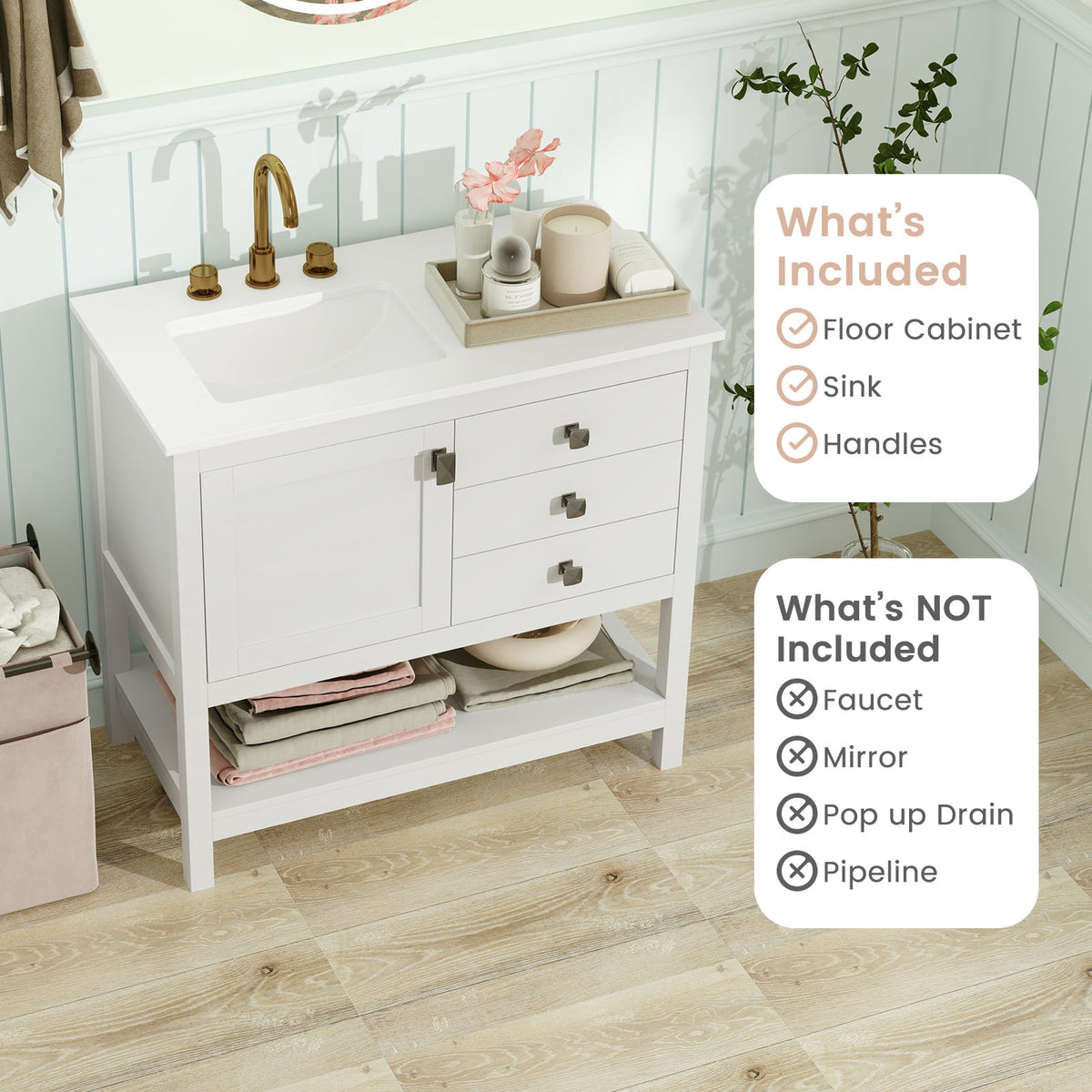 36" Freestanding Bathroom Vanity Unit with Granite Top - White-Floor Cabinets-DECOROLALA