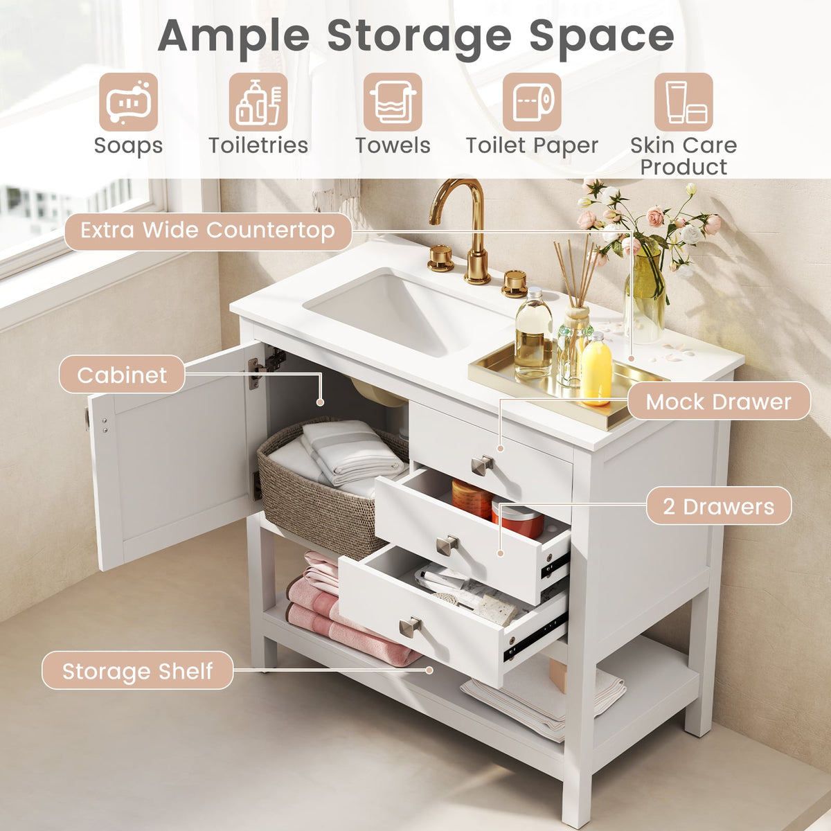 36" Freestanding Bathroom Vanity Unit with Granite Top - White-Floor Cabinets-DECOROLALA
