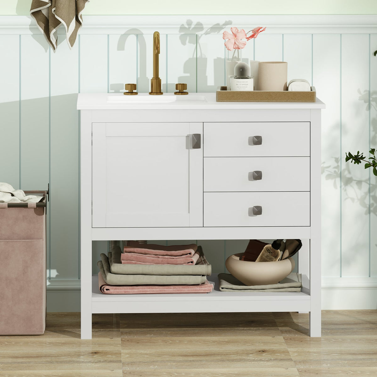 36" Freestanding Bathroom Vanity Unit with Granite Top - White-Floor Cabinets-DECOROLALA