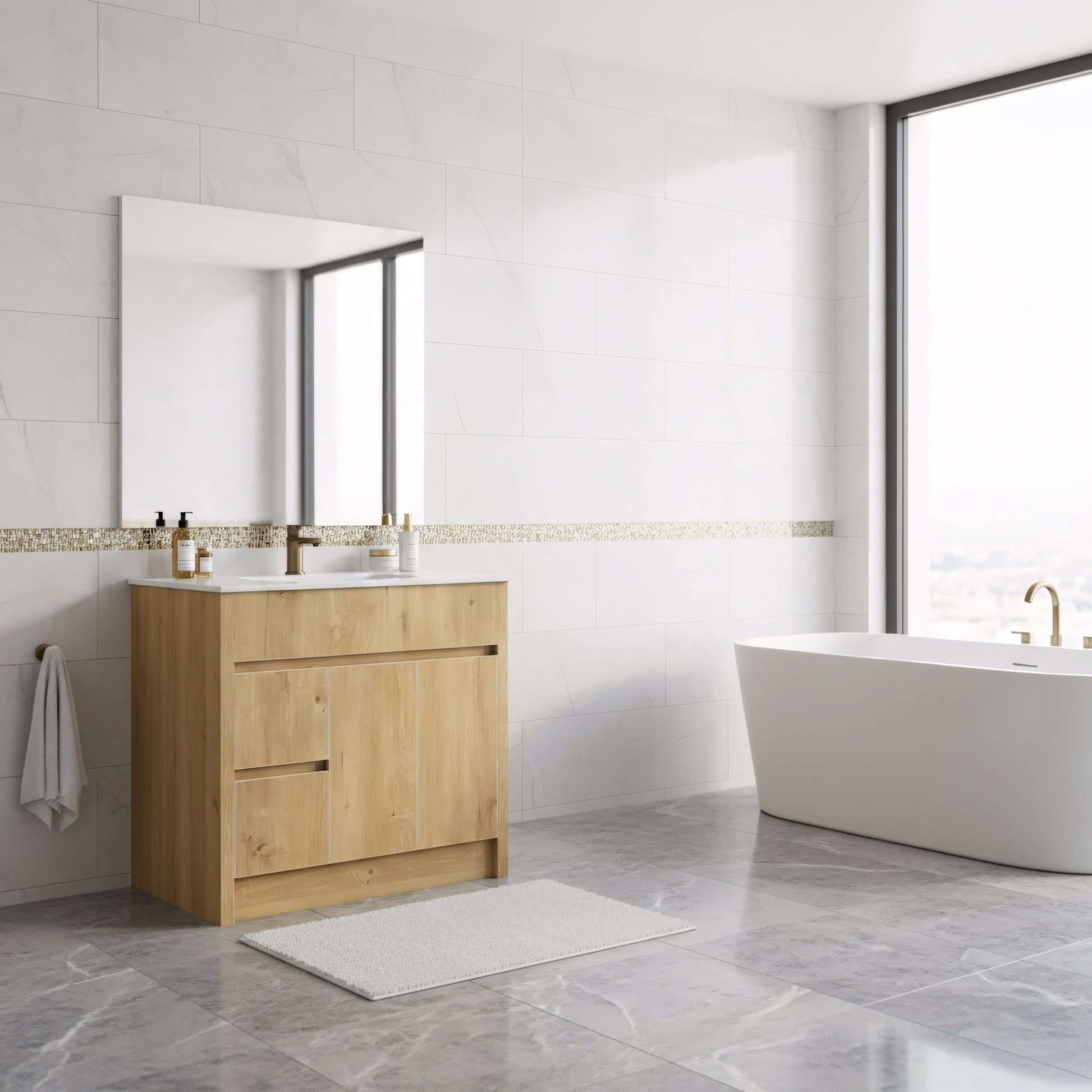 36" Frosted Oak Freestanding Bathroom Vanity with White Ceramic Countertop-Migration_Bathroom Vanities-DECOROLALA